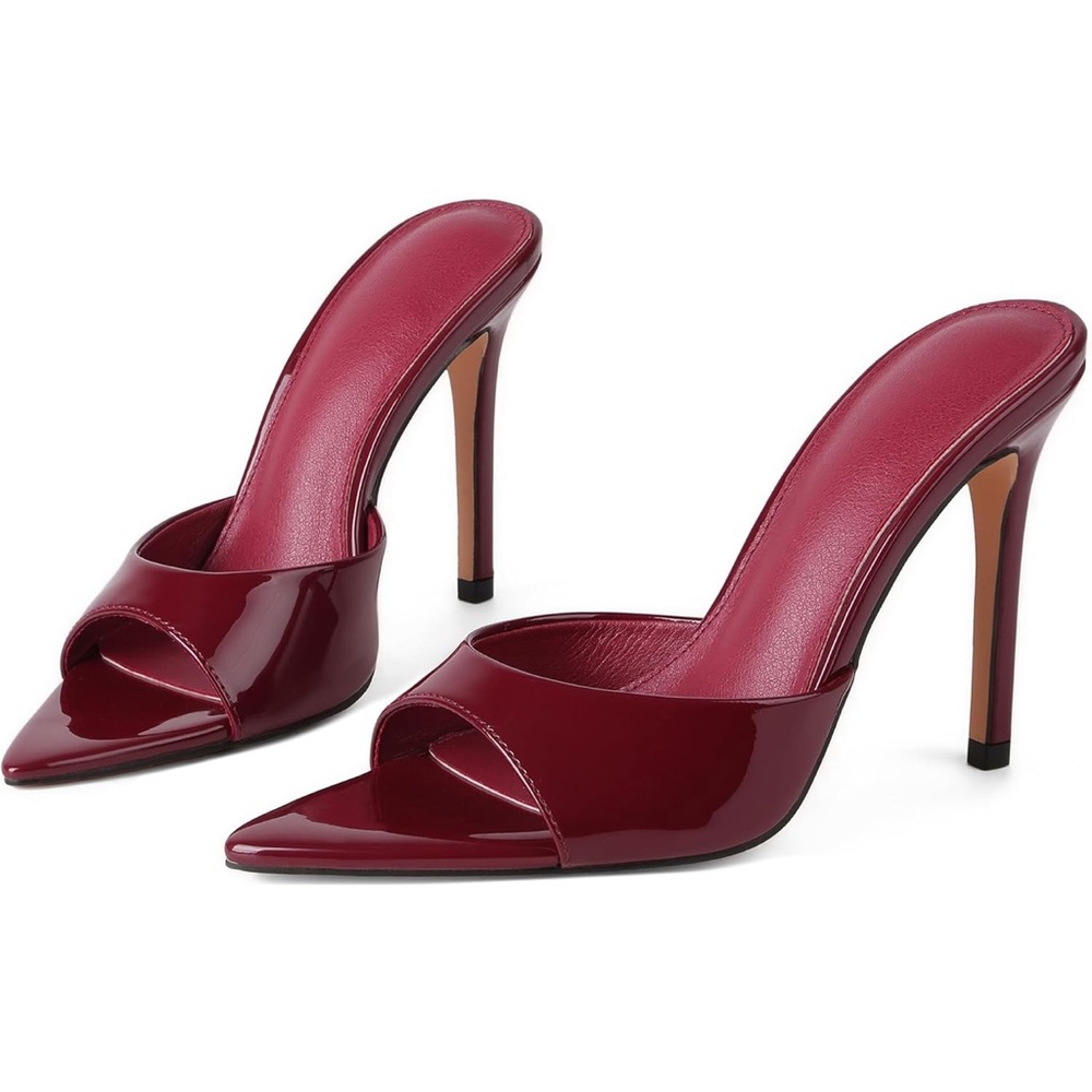 Women's Burgundy Patent Leather Pointed Toe High Heel Mules